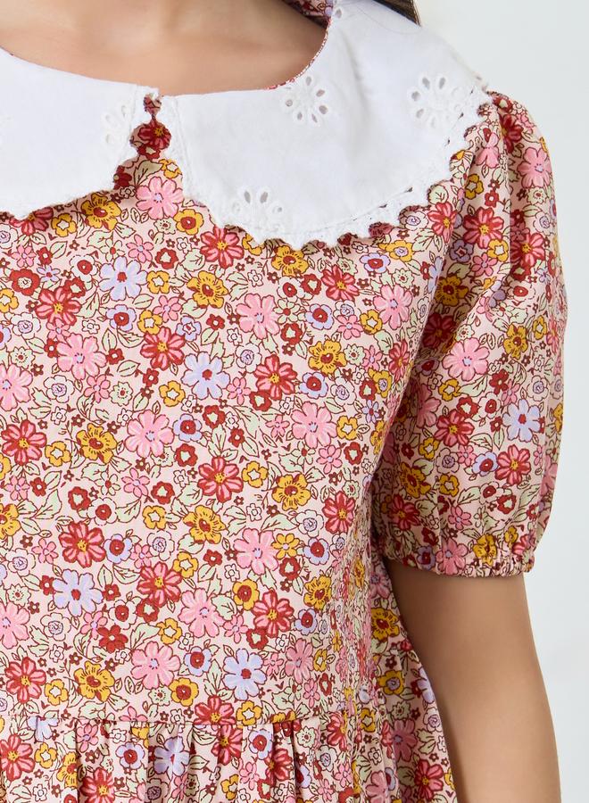 Styli Girls Pink Floral Print Puff Sleeve Dress - Image 3